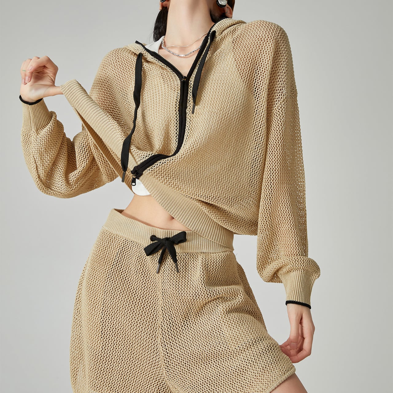 Mesh design cardigan and pants set S1452