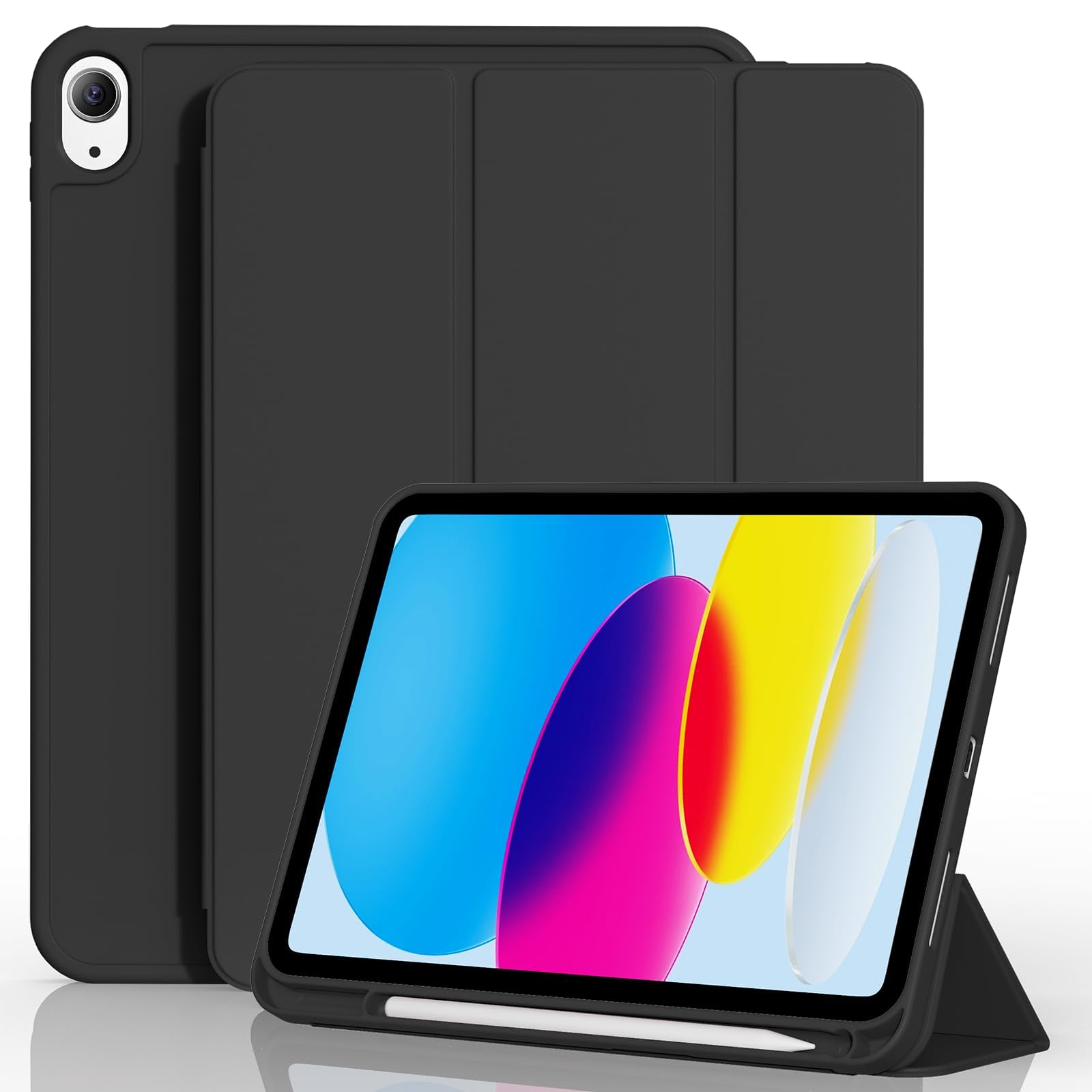 BQDIYOO iPad A16 第11世代/第10世代 対応 ケース ペンシルホルダー付き 11インチ 2025年モデル/10.9インチ 2022年モデル用 自動Wake/Sleep機能搭載 スリム三つ折りスタンド 保護カバー TPUソフト背面, ブラック