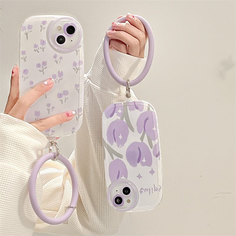おしゃれなブレスリングで落下防止◎チューリップ 淡色パープル ストラップ カメラ保護 スマホケース 2type ND-14609