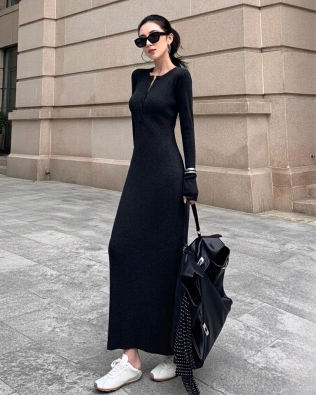 ヘンリーネック リブ ロングワンピース 2color A0450