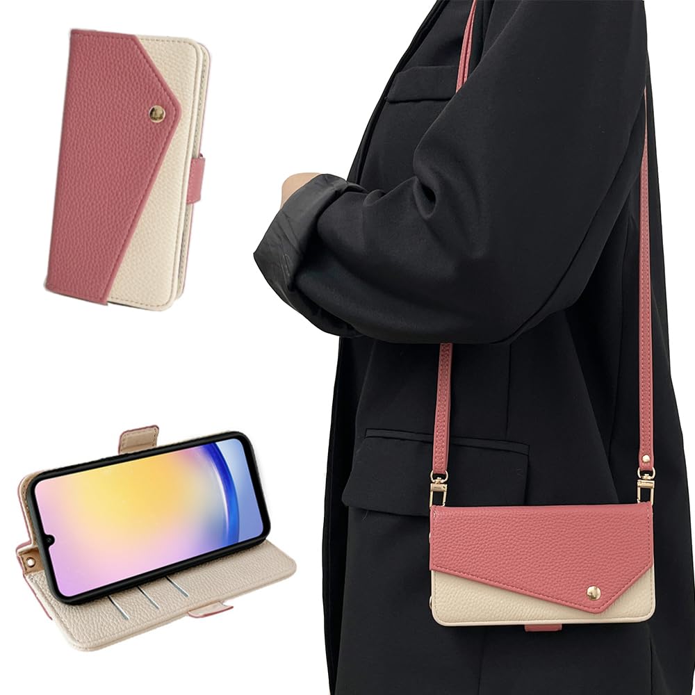 Kahper galaxy a25 5g 用ケース 手帳型 ショルダー付き 表面ポケット便利 SC-53F/SCG33 用カバー 軽量 スイカレッド
