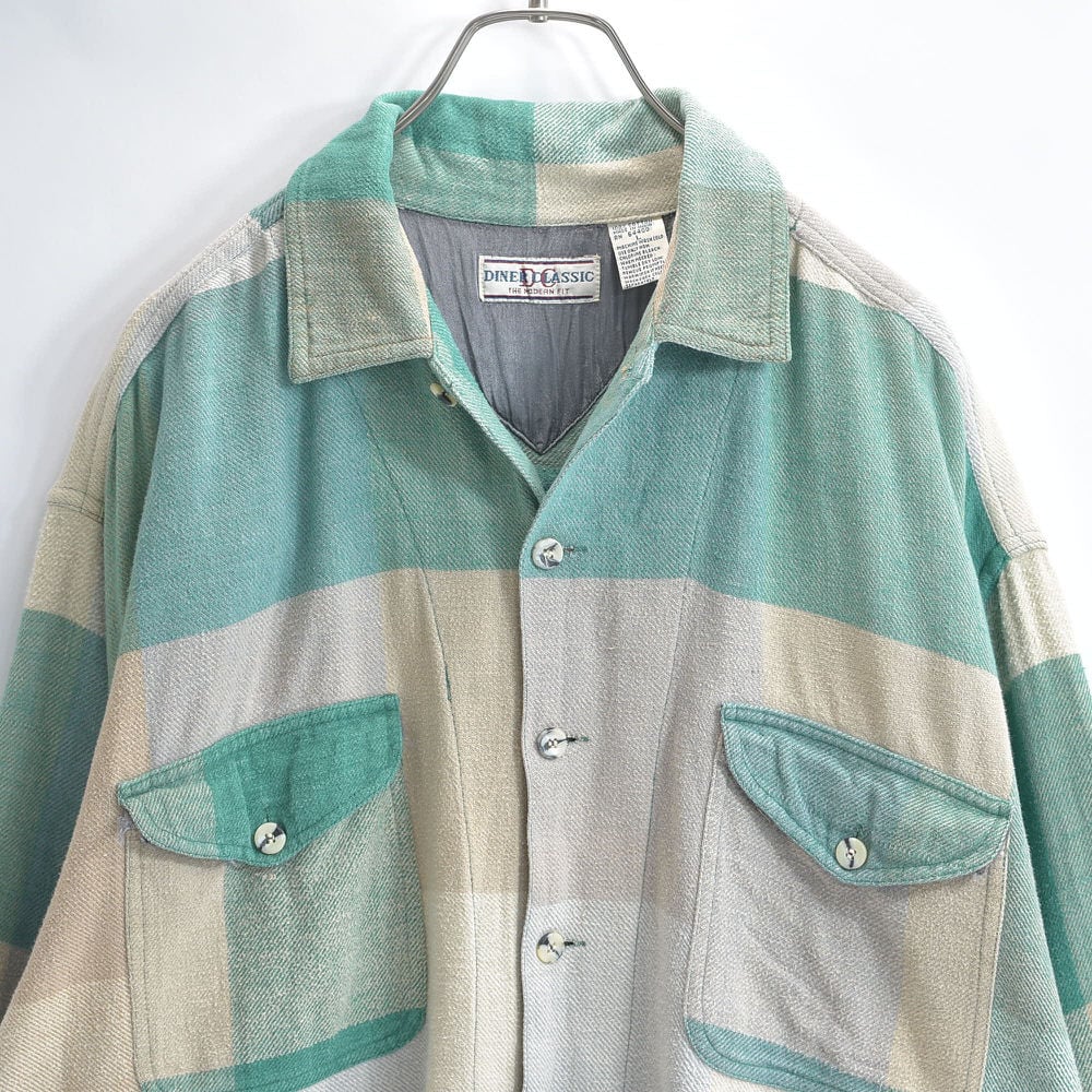 90s DINER CLASSIC ダイナークラシック コットン ブロックチェック ヘビーネルシャツ インド綿 フランネル ルーズシルエット ヴィンテージ ビンテージ 古着 メンズXL~相当