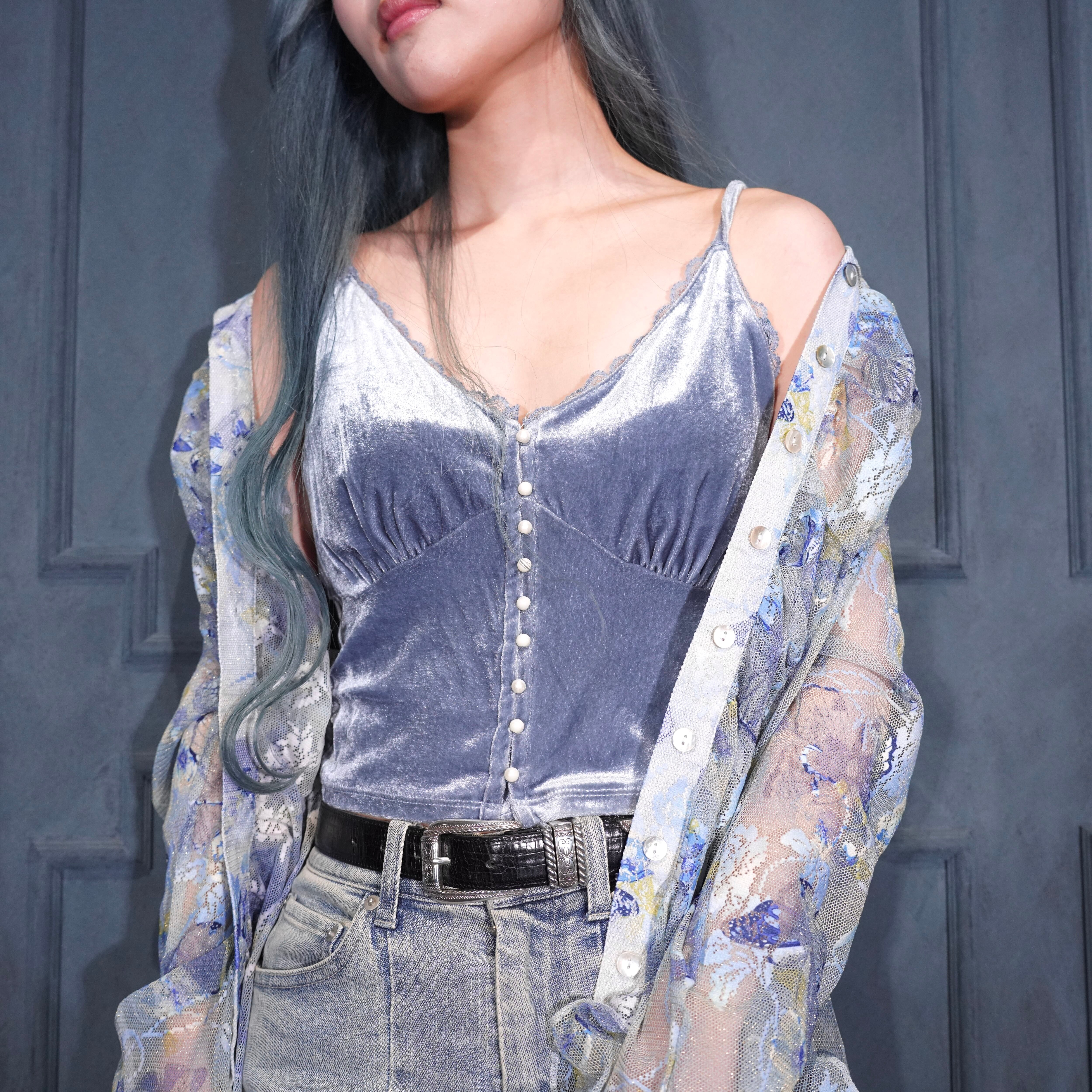EU VINTAGE PIMKIE PEARL BUTTON LACE DESIGN VELOUR CAMISOLE