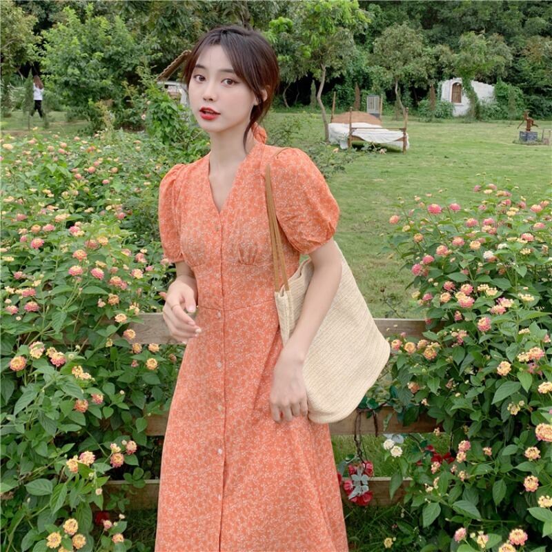 dress】レトロVネックエレガント注目される花柄ワンピース3色 dress】レトロVネックエレガント注目される花柄ワンピース3色