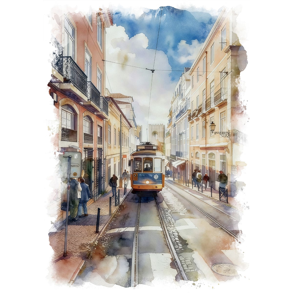 絵画 ポルトガル 風景画(街並み) リスボンを走る路面電車 インテリア