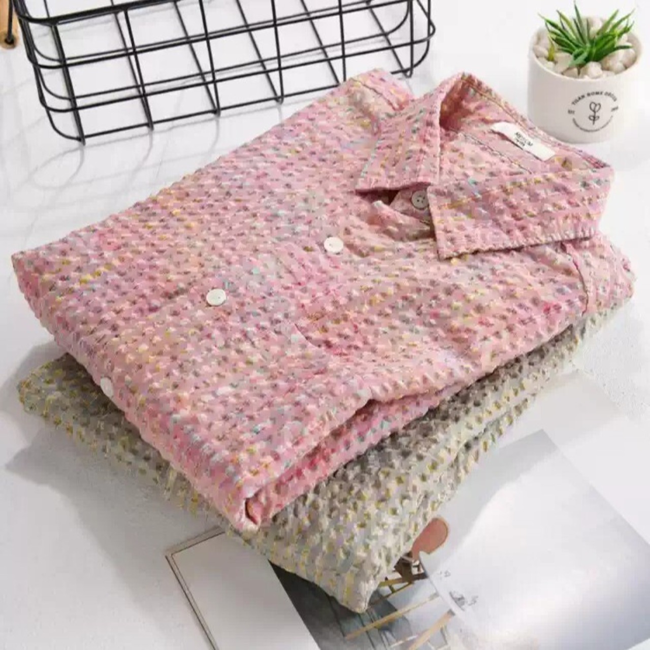 【M-3XL】Mixed Color Textured Short Sleeve Shirt / ミックスカラー テクスチャー 半袖 シャツ
