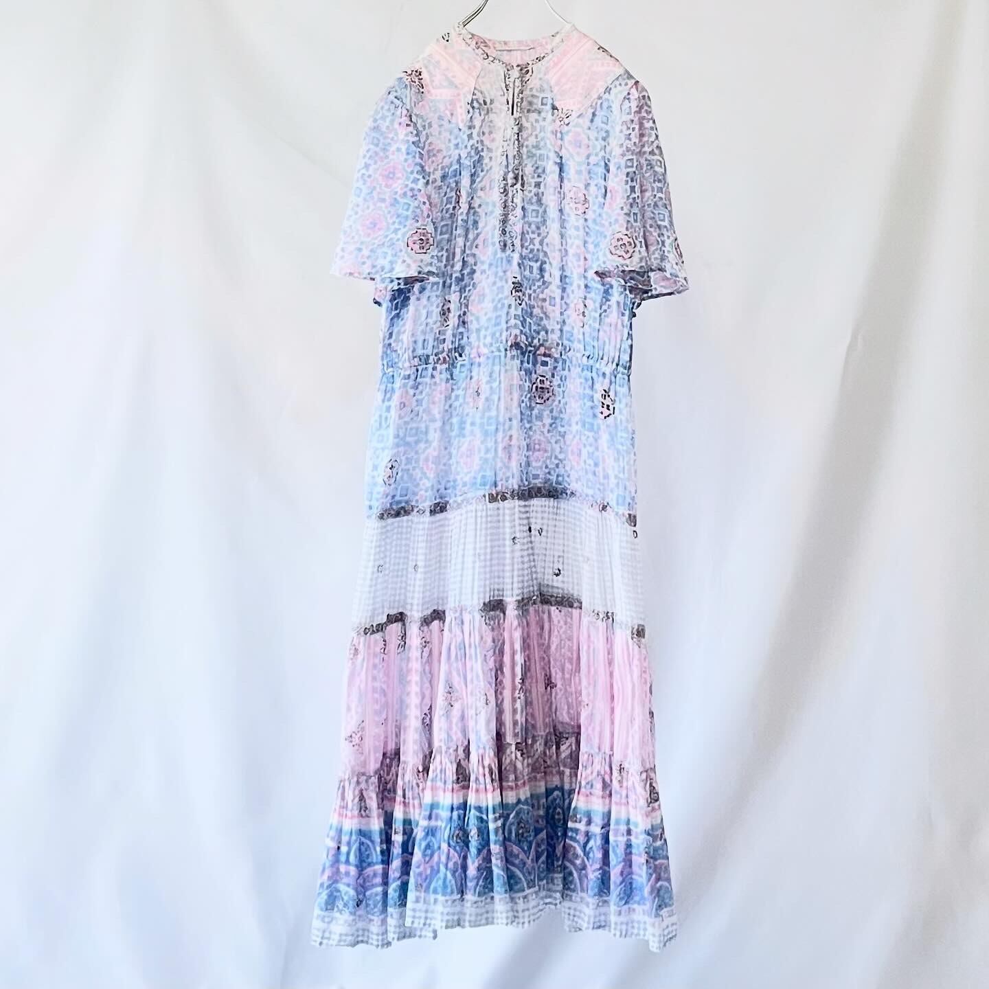 70s indian cotton pink blue onepiece ヴィンテージピンクブルー