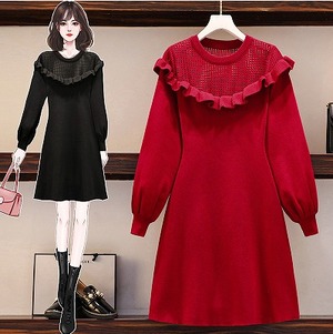 【大きいサイズM-4XL】【秋冬新作】ファッションワンピース♪ブラック/アカ2色展開◆