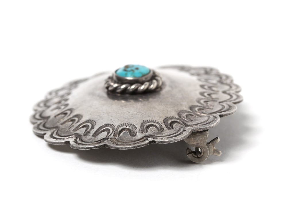 1940's Vintage Navajo Stamped Silver Concho Pin w/Turquoise