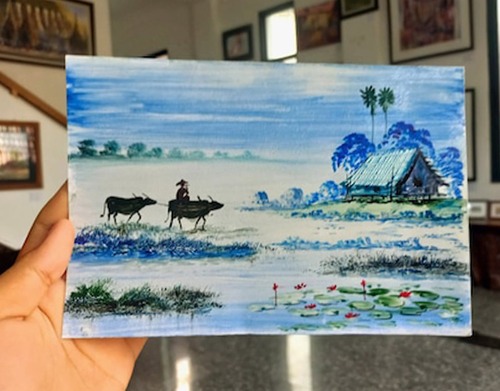 【絵画】ミャンマー農村風景　池と家