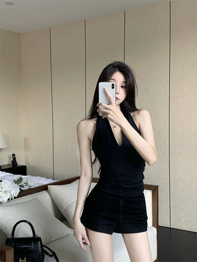 純粋な欲望のファッションツーピーススーツ女性の夏のホルターネック V ネックキャミソールハイウエスト黒のタイトなショーツ ハイウェスト ブラック サマー 夏物 ブルマー Vネック ガールズファッション7302498776