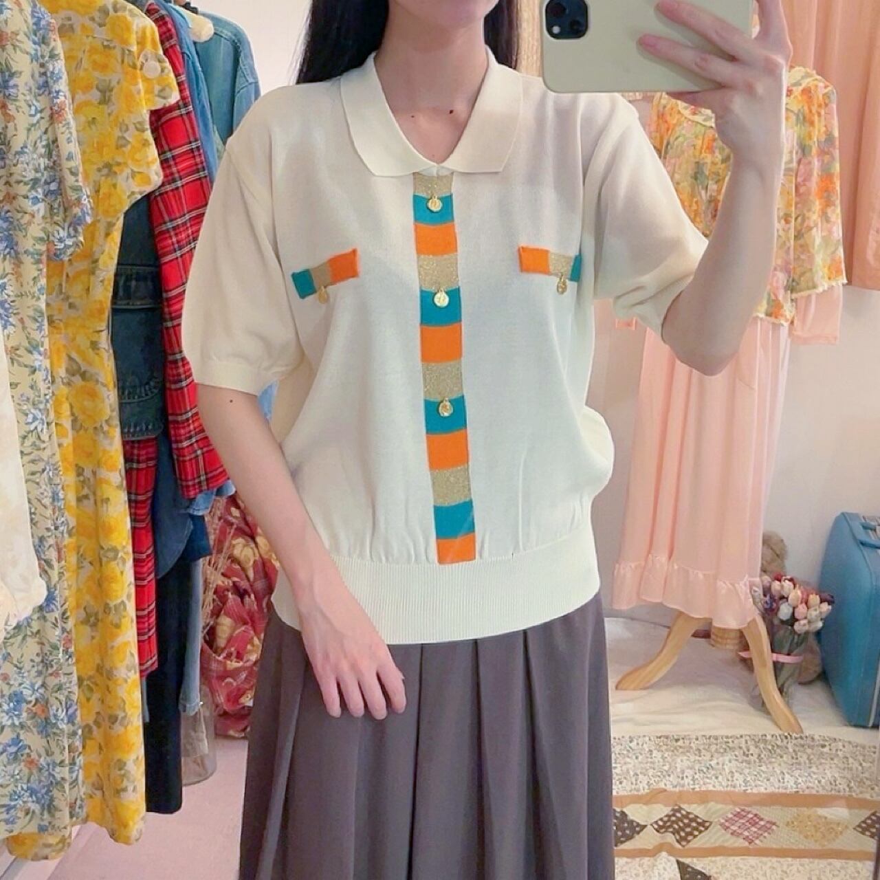 color block coin charm polo knit