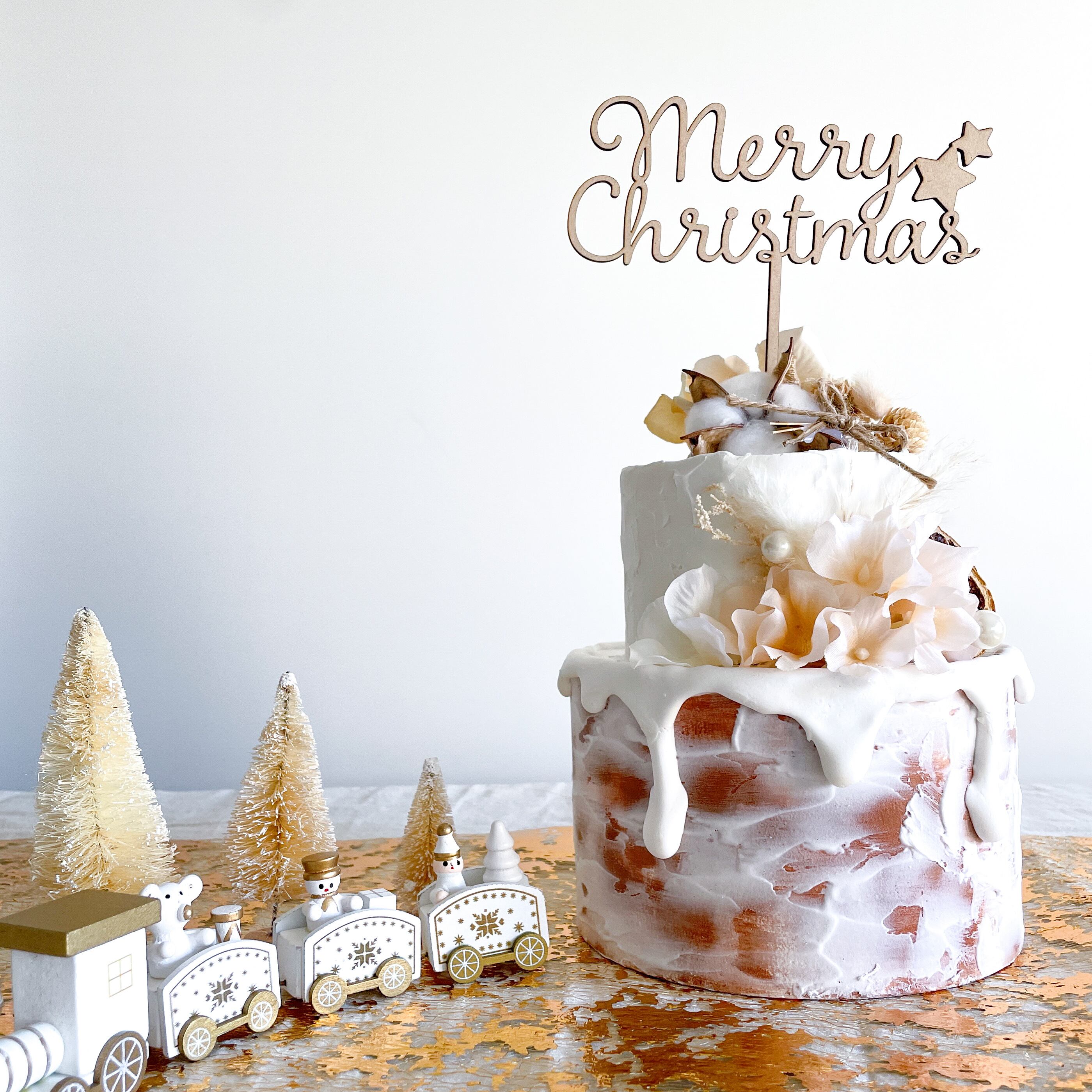 【 木製 ケーキトッパー 】Merry Christmas  英語 Xmas クリスマスフォト クリスマス飾り 装飾 ケーキtypeB