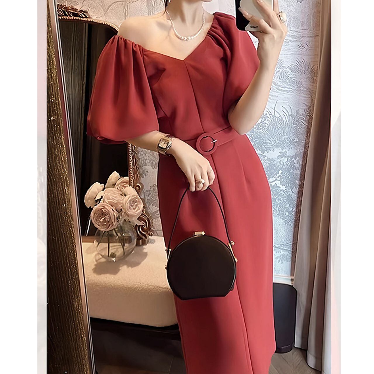Elegant Belted Puff Sleeve One-Piece L00926