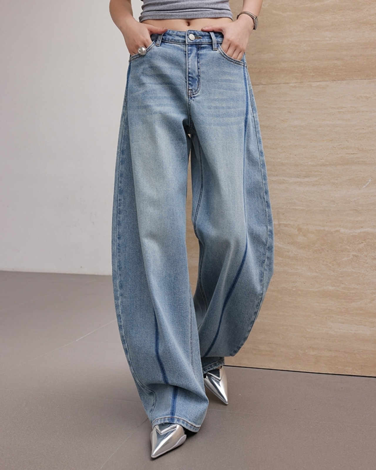 Colorblock wide leg denim pants L0174