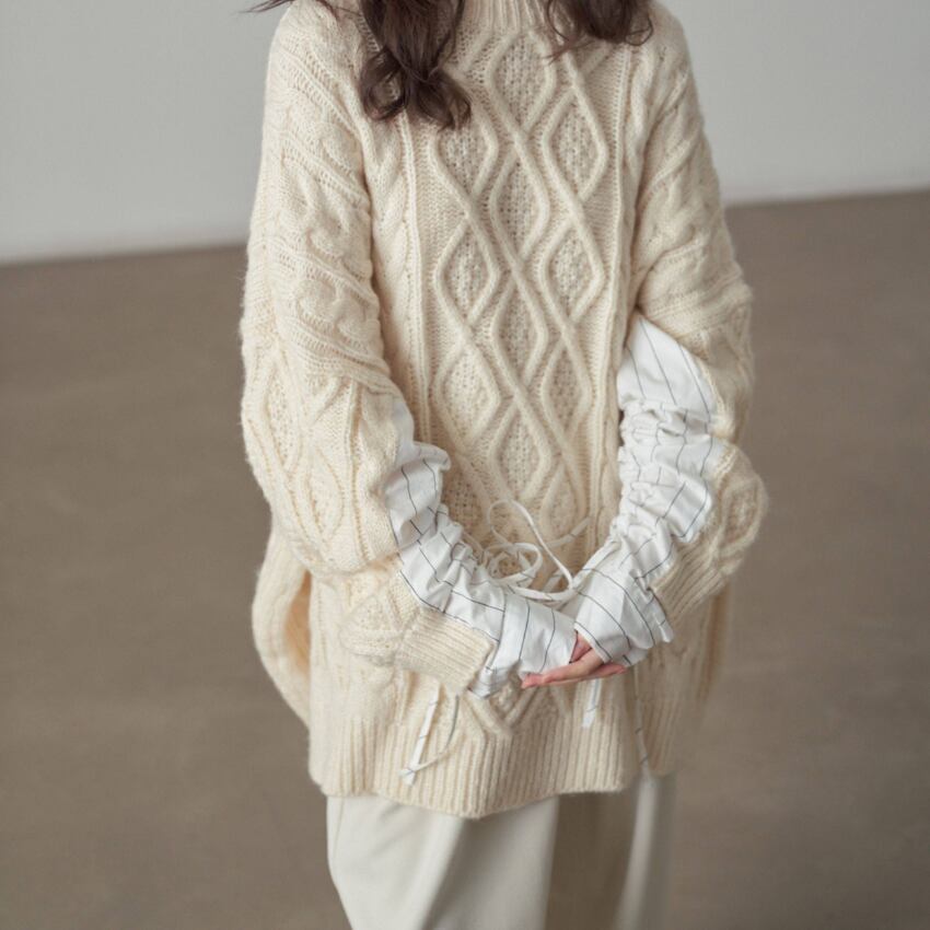 cable-knit shirt-docking oversized knit　J00448