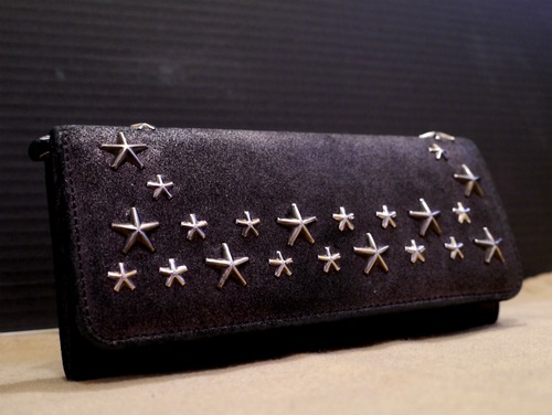 男女可美品7万★JIMMY CHOO ジミーチュウ NINO スタースタッズ レザー 長財布 ガンメタ ブラック★