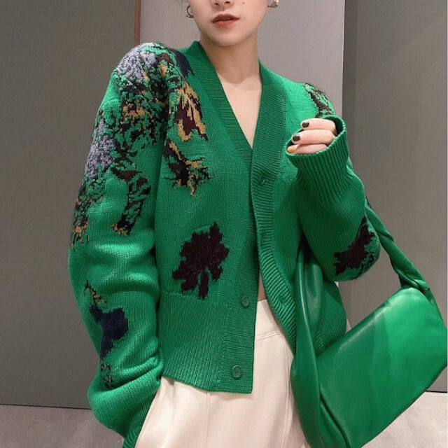 カーディガン レディース トップス ニット カーデ 花柄 フラワー おしゃれ ハイセンス こなれ感 一枚映え 大人可愛い 秋冬 グリーン/ブラック S/ML