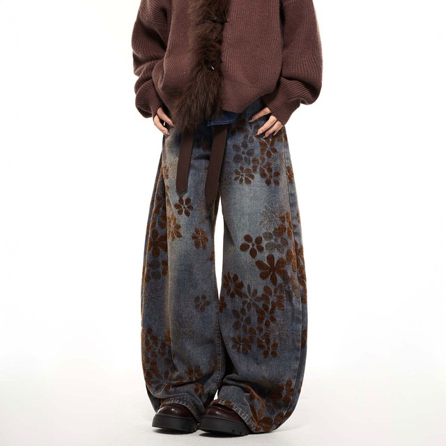 フラワーパターンアートシルエットパンツ 1col   R01653