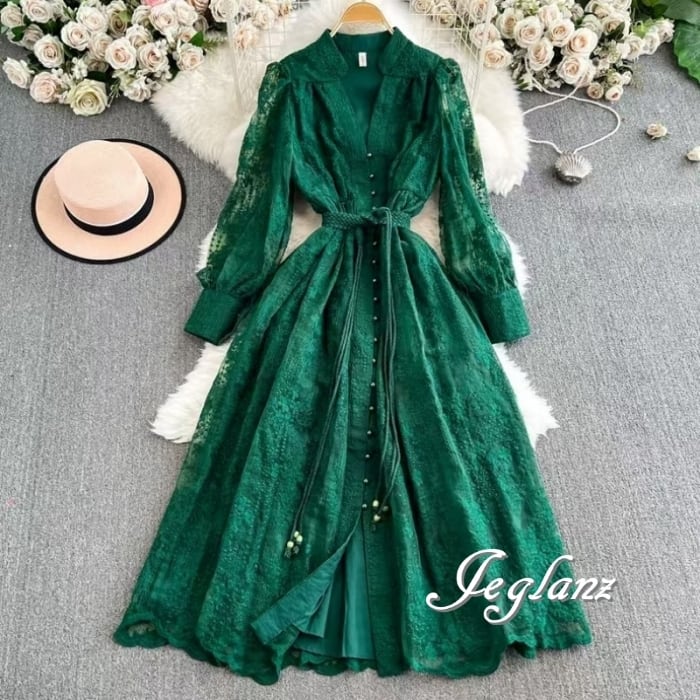 3色 レース 刺繍 ワンピース ボタン 共ベルト エターナル(MB325) ζ