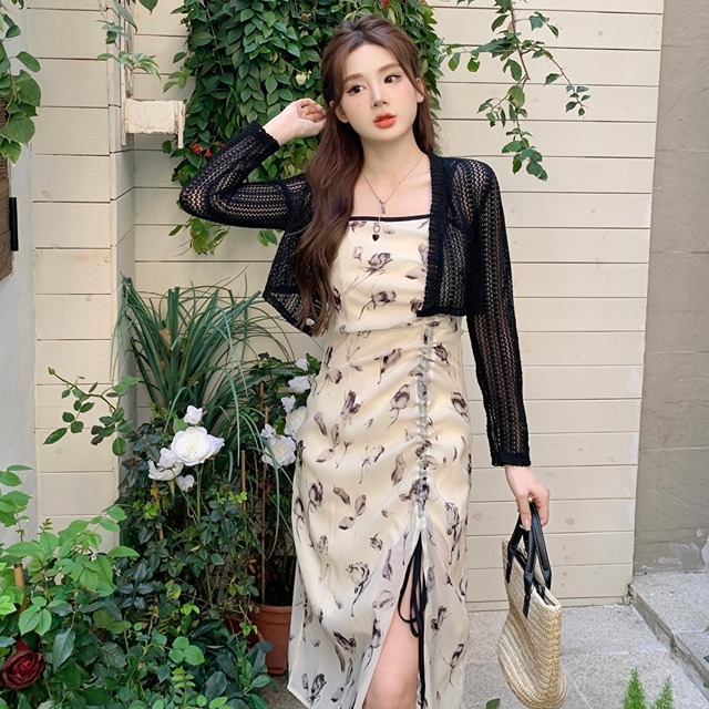 ゴスロリ通販 With U ゴシック ロリィタツーピース カーディガン ワンピース ノースリーブ レース 花柄 巾着 サイドスリット 大人増し きれいめ 高見え