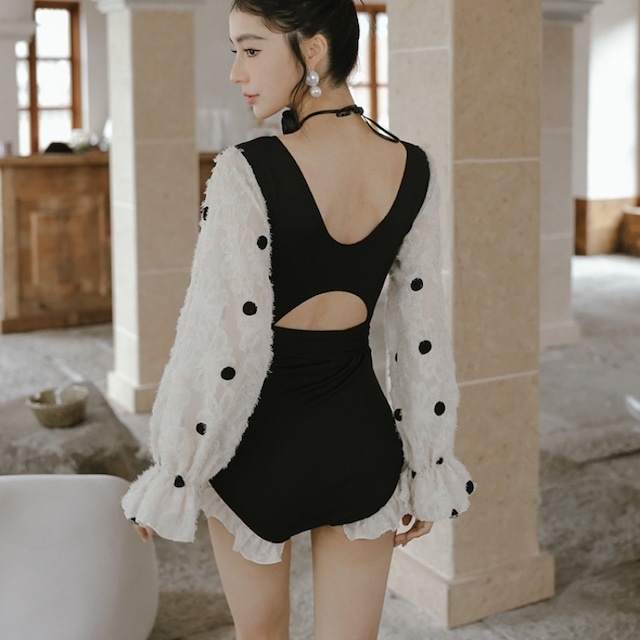 Polka dot sleeve swimsuit　M647
