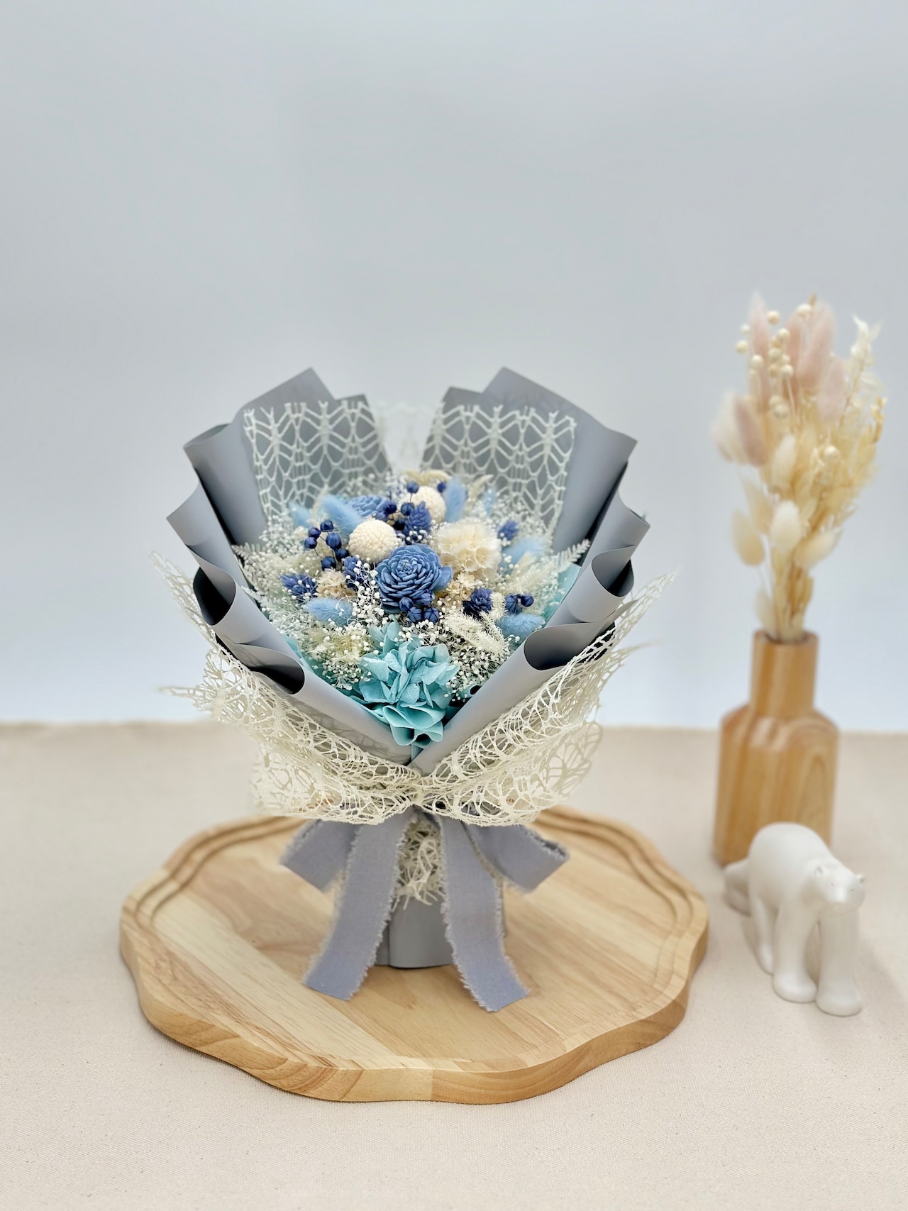 S5.置けるドライフラワー花束(花てまり/青色・白色) □Sサイズ 【1点もの】 画像1