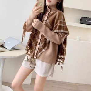 【送料無料】 ポンチョ風 ニット カーディガン 長袖 レディース 秋冬 韓国 重ね着 チェック柄 おしゃれ 大人 かわいい きれいめ カジュアル 防寒 保温 タッセルショール風 大人可愛い 大人女子
