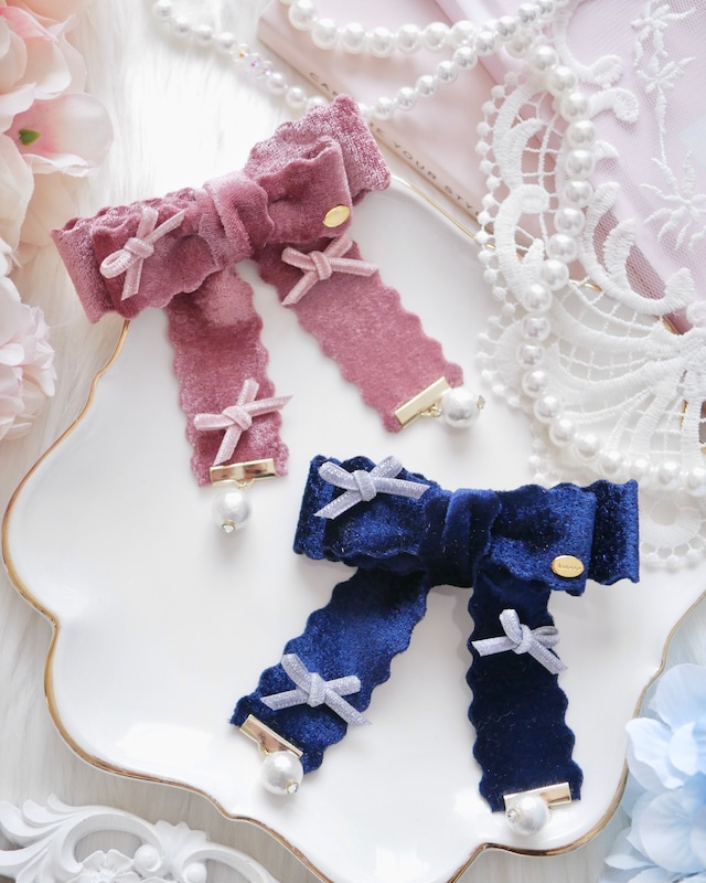 7101 ガーリースカラップベルベットリボンヘアクリップ/バレッタ