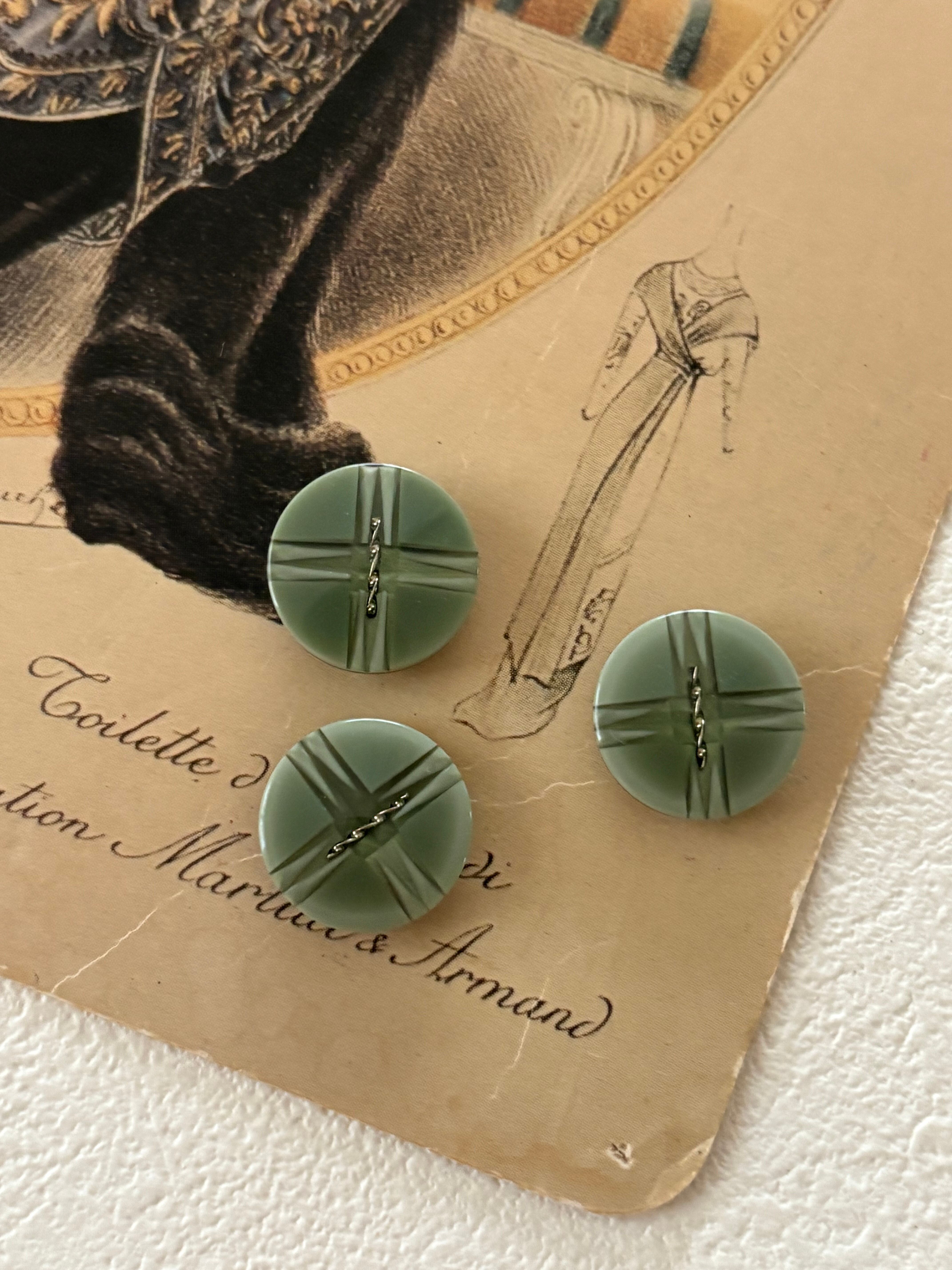 Japanese Vintage ボタン くすみグリーン×シルバー クロス 15mm 昭和レトロ アクセサリーパーツ 装飾材 カルトナージュ