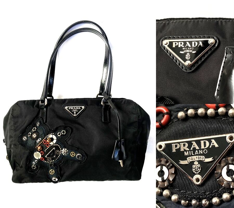 美品 PRADA プラダ テスート ロボット パッチワーク ビジュー 三角ロゴ 