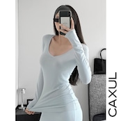 Casual Deep V-Neck Long Sleeve T-shirt／4color