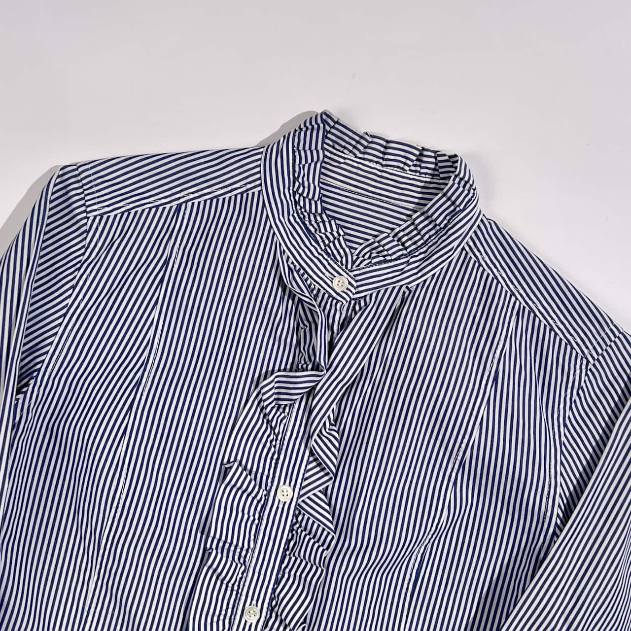 TOMORROWLAND トゥモローランド ストライプ フリル バンドカラー 長袖 シャツ ブラウス 38/ネイビー系 レディース オフィス