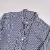TOMORROWLAND トゥモローランド ストライプ フリル バンドカラー 長袖 シャツ ブラウス 38/ネイビー系 レディース オフィス