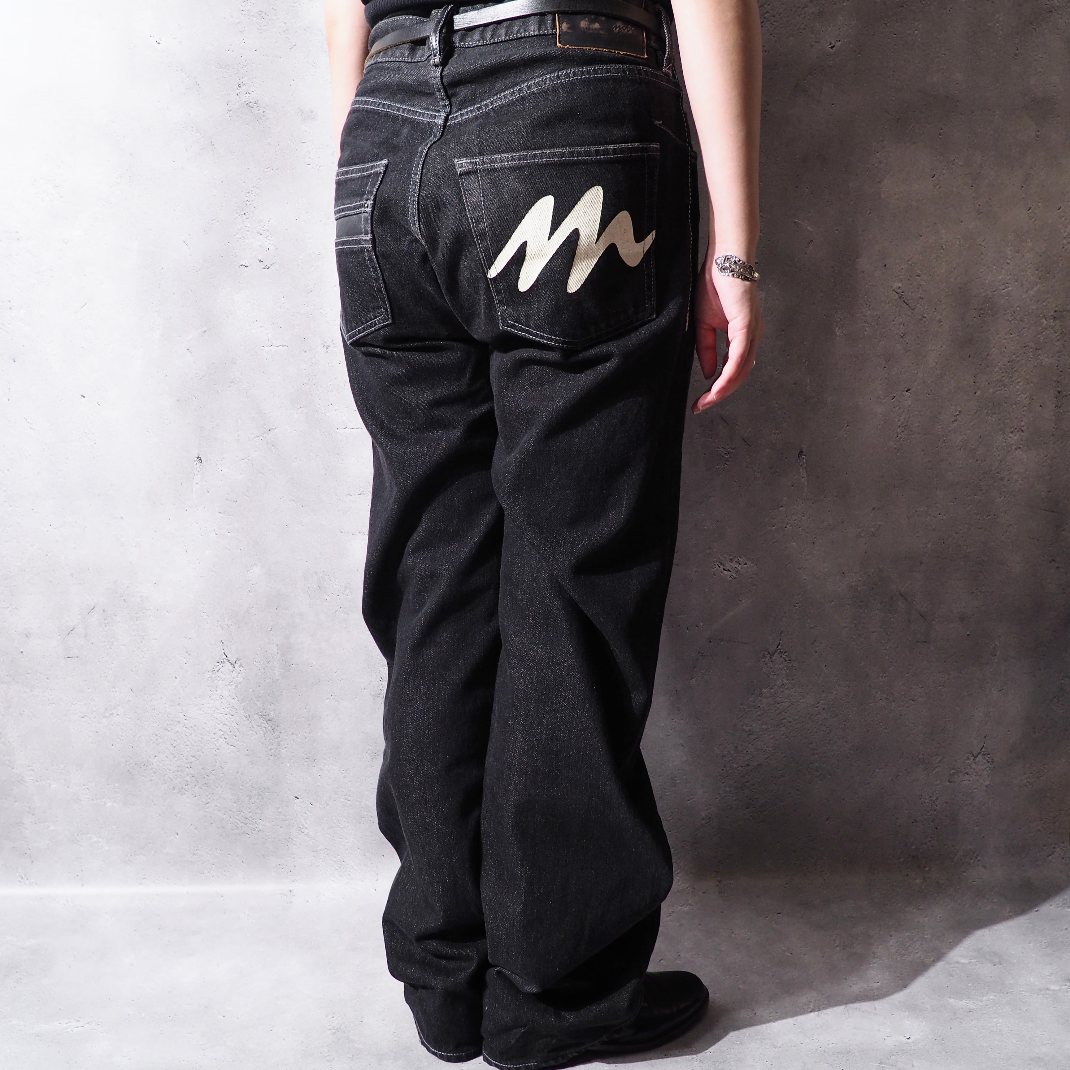 ” Montage ” Back logo painted Black loose Buggy Denim pants