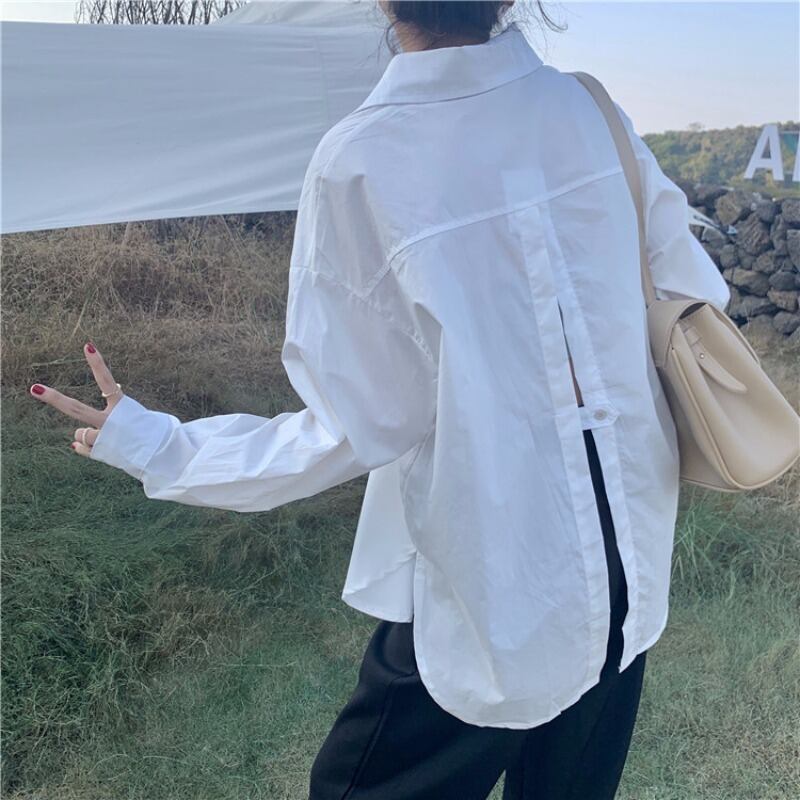 オータムシャツ ブラウス バックスリットルーズスタンダードスタイル ロング レトロ 秋物 萌量不足70318704695