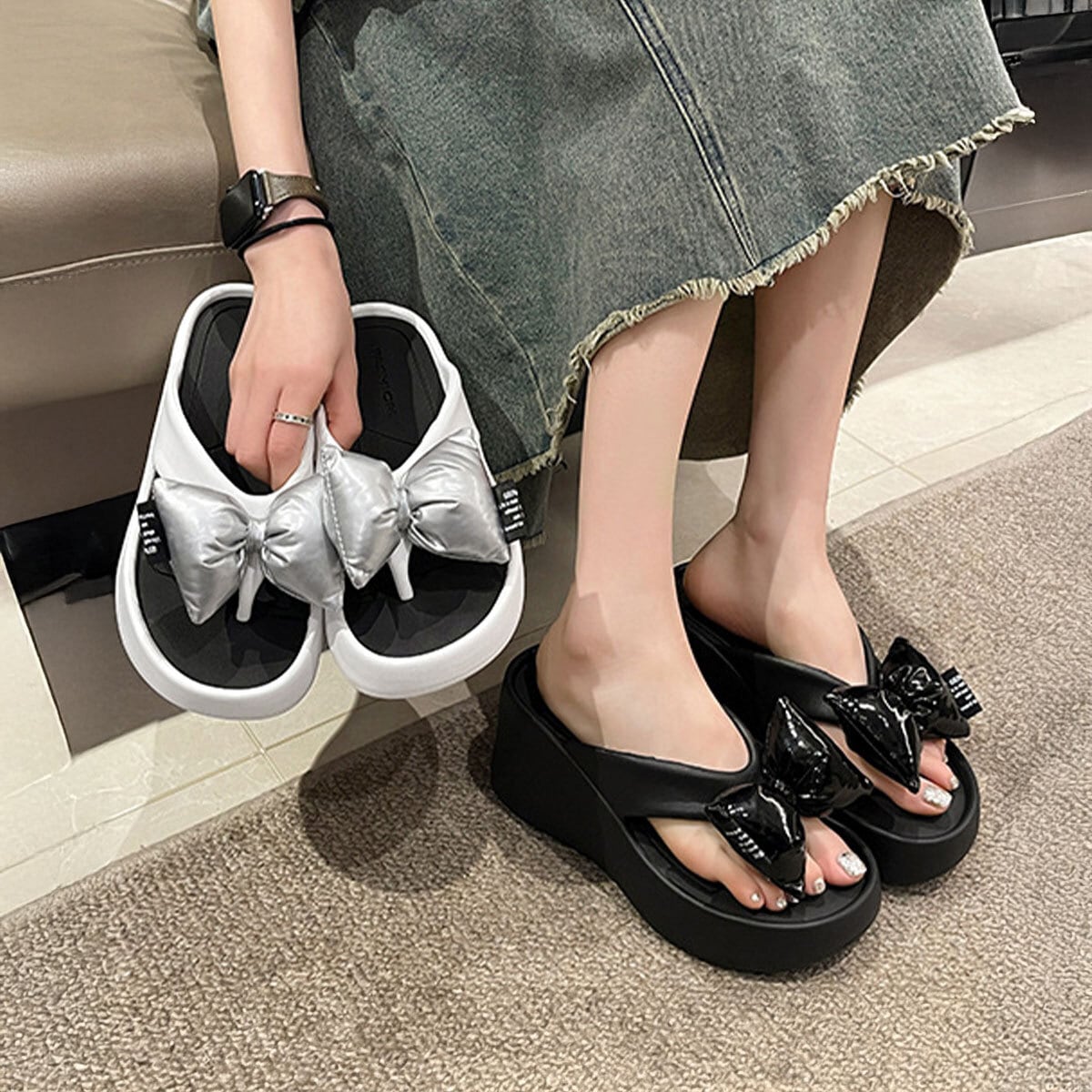 ✨️PELLICO✨️サンダル　トング　リボン　黒　本革　24.5 エナメル リボン サンダル 厚底 レディース 春夏 韓国 トングサンダル 海水浴