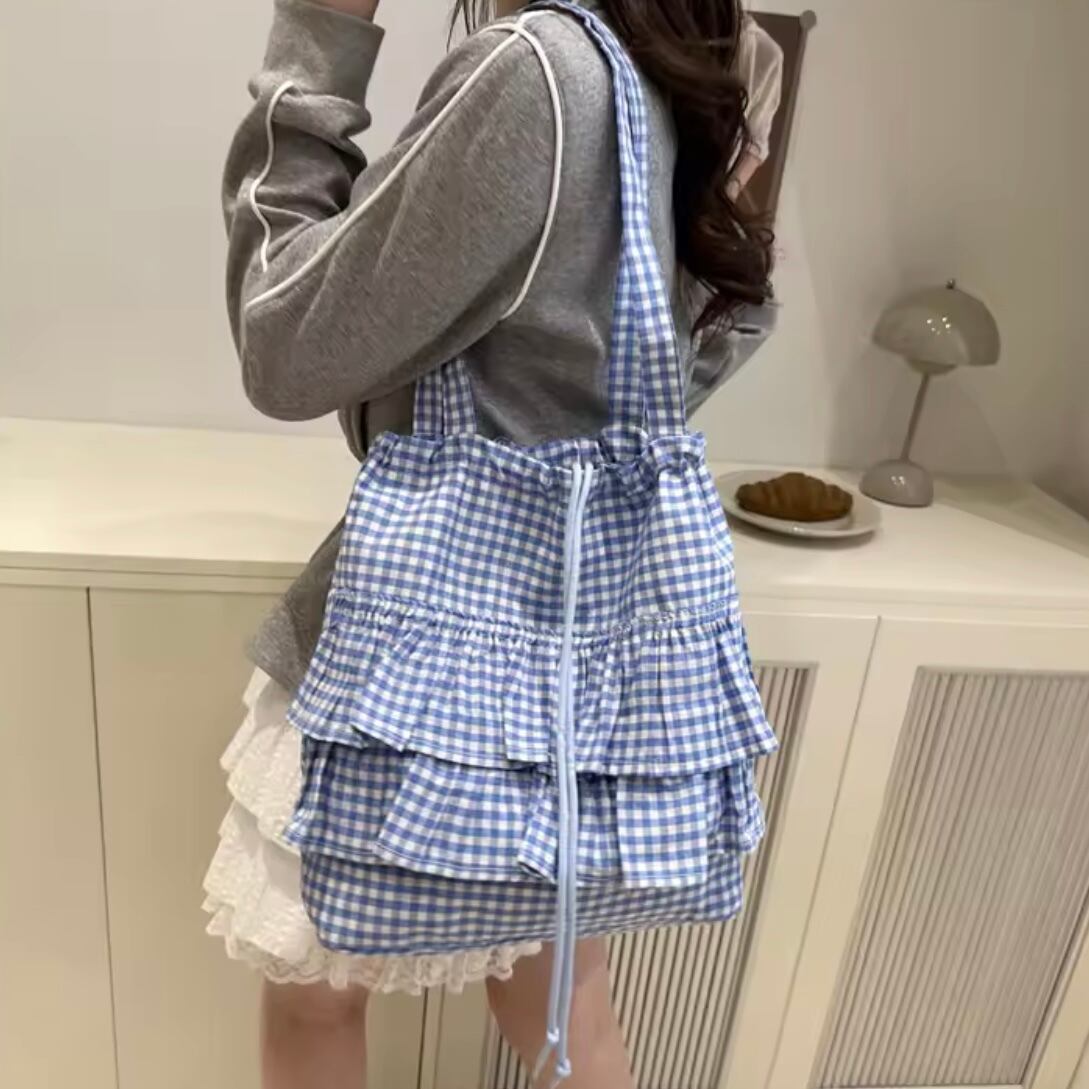 frill gingham check tote bag