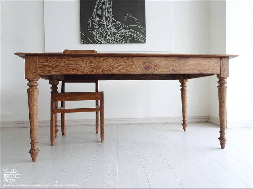 チーク無垢材 ヴィンテージテーブルAnq02 机 ダイニングテーブル 什器 古材家具 デスク 一点物 表面再仕上済 世界三大銘木 幅151.5cm