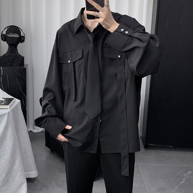 メンズ シャツ フラップポケット ネクタイ付き 病み可愛い おしゃれ ストリート系 ビッグシルエット かっこいい オルチャン 10代 代 モード 系ファッション専門店 With U メンズ シャツ フラップポケット ネクタイ付き 病み可愛い おしゃれ ストリート系 ビッグシルエット かっこいい オルチャン 10代 代 モード 系ファッション専門店 With U