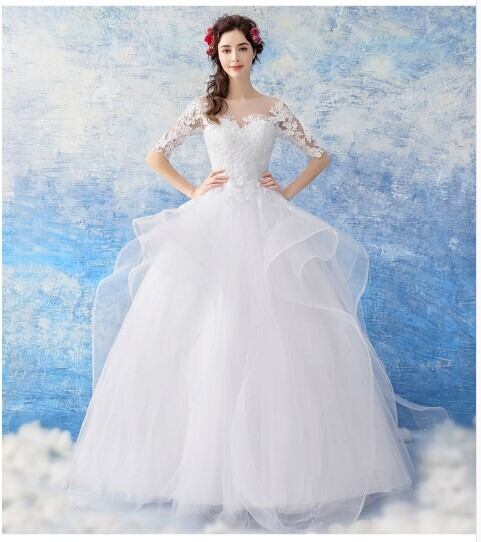 エレガント ウエディングドレス 美しい花レース 編み上げ スレンダー