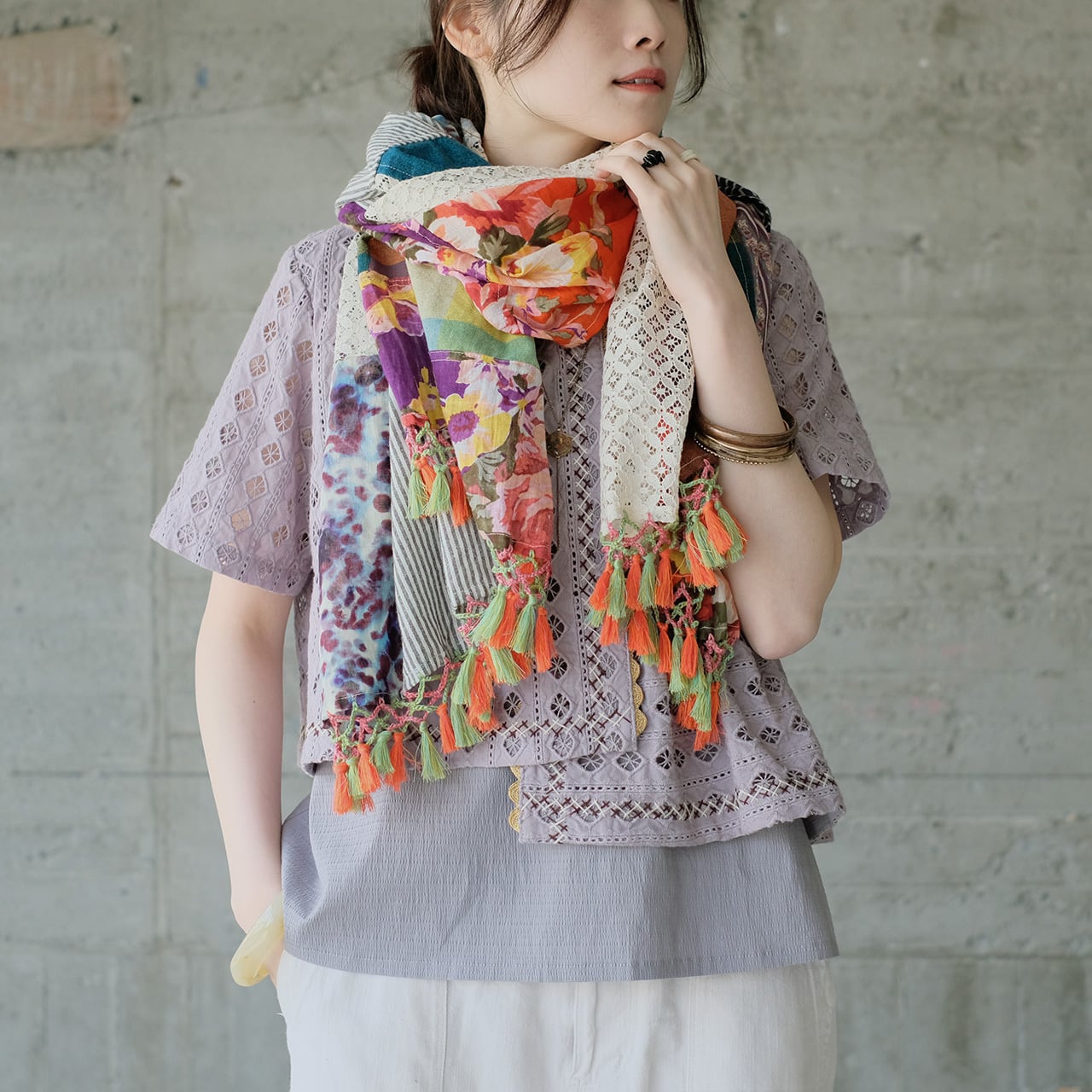 彩りをまとう♪カラフルパッチワーク大判ストール（25s-08）パターンA