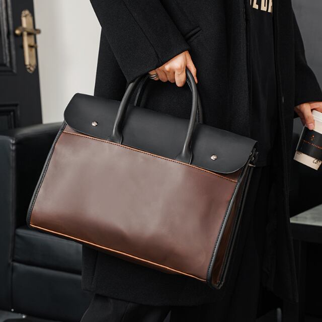 【予約販売】ショルダーバッグ ビジネスバッグ 2WAY バイカラー レザー メンズ シンプル スクエア ビジネス 通勤 通学 コーヒー グレー シック A4 大容量 こなれ感 お洒落 韓国 トレンド