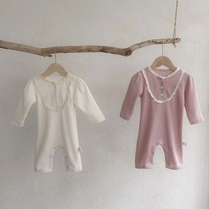 ベビー 秋新作 帽子付け ワッフル生地 レース ロンパース 2色