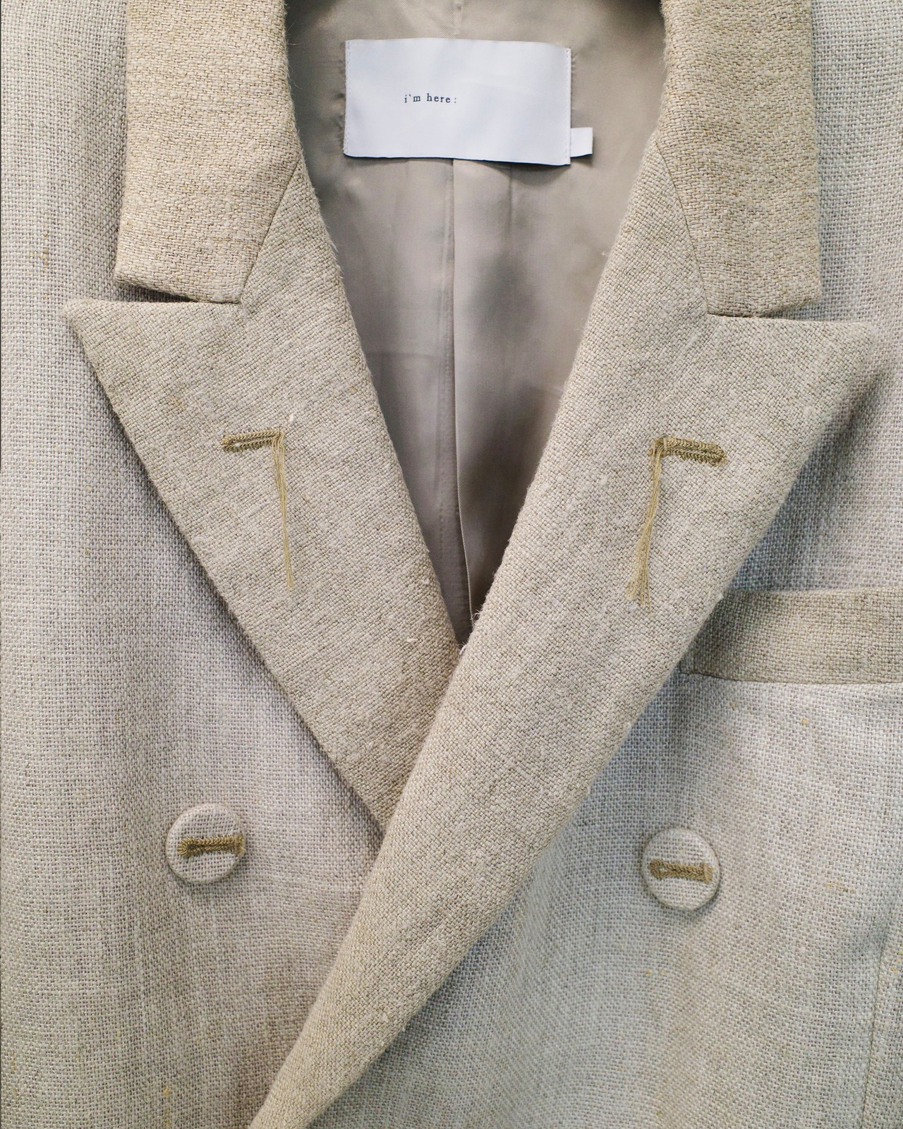 i’m here - GRANDPA Linen Jacket ：Black｜ダブルブレスト／立体3面ドッキング／“だまし絵”の前立て