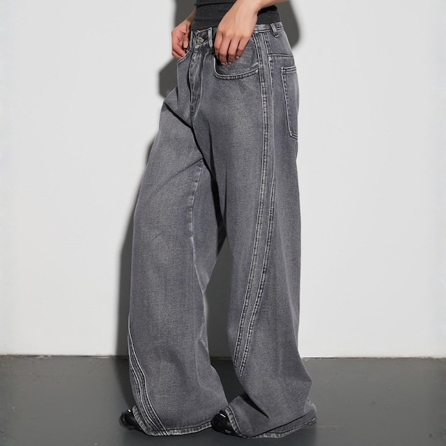 Curve seam wide denim pants　V3010