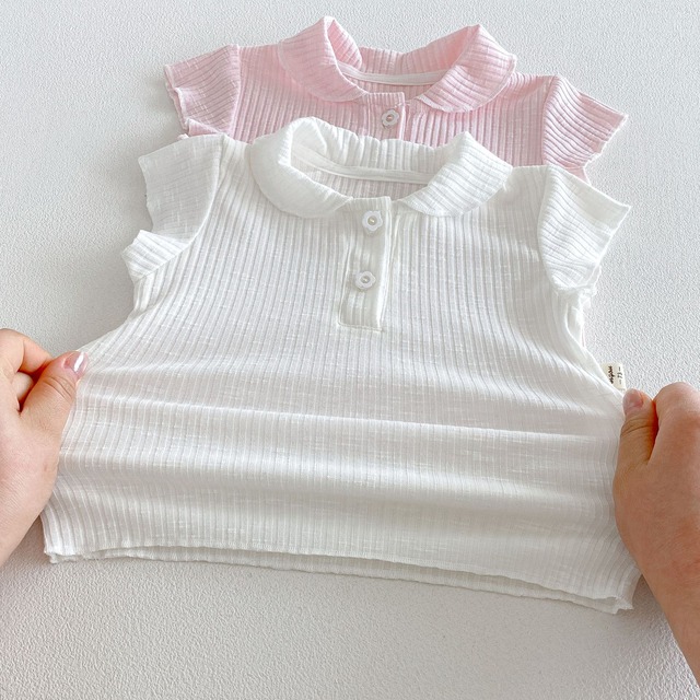 【BABY】リブ編み丸襟ボタン半袖ポロカラーTシャツ - 14