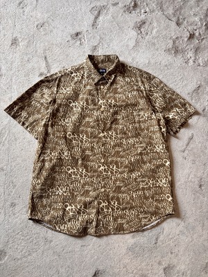 00s OLD STUSSY/Multi print S/S Shirt/USA製/紺タグ/L/マルチロゴプリント半袖シャツ/総柄/ブラウン/ステュ－シ－/オ－ルドステューシ－
