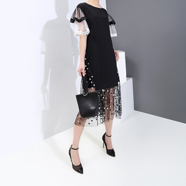 モード系 欧米系 ワンピース 半袖 メッシュ 美脚 膝丈 ミディアム丈 ドット柄 ハイウエスト 夏ワンピ きれいめ オルチャン 代 30代 モード系ファッション専門店 With U