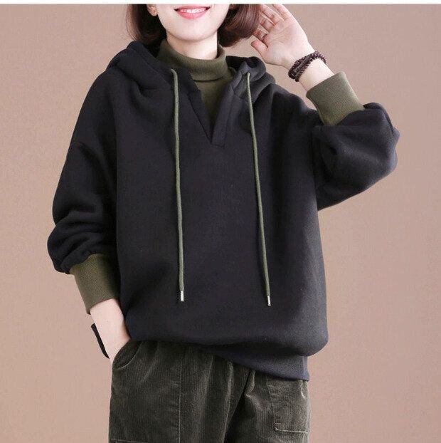 CONTRAST FAKE-2-PIECE HIGH NECK HOODIE 2colors M-14938
